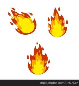 Cartoon flat illustration. Fireman job. Part of the bonfire with the heat. Dangerous situation. Red flame set. Fire element. Dangerous situation