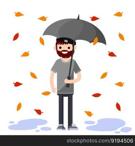 Cartoon flat illustration. Protection from Bad autumn weather with clouds. Drops of water fall down. Puddles of dirt. Protection from Bad weather