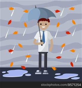 Cartoon flat illustration. Protection from Bad autumn weather with clouds. Drops of water fall down. Puddles of dirt. Office worker in white shirt and tie