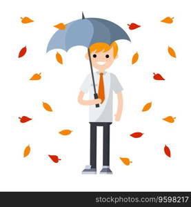 Cartoon flat illustration. Protection from Bad autumn weather with clouds. Drops of water fall down. Puddles of dirt. Protection from Bad autumn weather