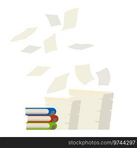 Cartoon flat illustration. Stack and pile of documents. Office element. Thrown object. Flying sheets. Paper files fall down. Blank sheet. White trash.