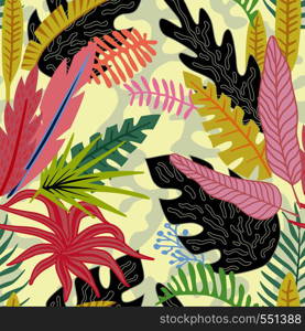 Cartoon flat vector vivid tropical leaves on the beige background. Summer seamless pattern.