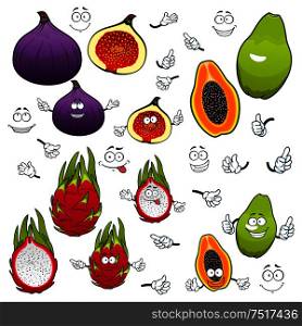 Cartoon flavorful green papaya, juicy pink dragon fruit and sweet purple fig fruits with funny comics faces. Exotic tropical fruits characters for kids menu or vegetarian dessert recipe design. Papaya, dragonfruit, fig fruits cartoon characters