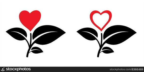 Cartoon flouwer, plant with love, heart symbol. For eco, eco, vegan, herbal or nature care concept. Leaves and red hearts icon. Valentines Day or valentine idea. Heart leaf or healthy heart logo