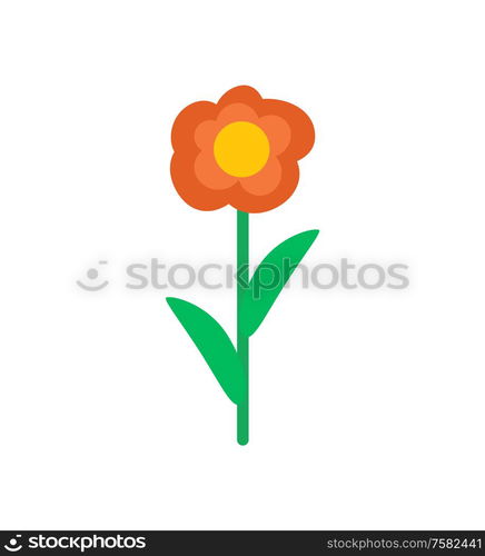 Cartoon flower doodle vector isolated plant. Red bud with yellow middle, green leaves and stem. Botanical illustration of blooming florish element. Cartoon Flower doodle Vector Isolated Plant Bud