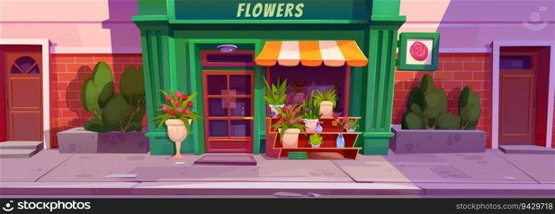Cartoon flower shop facade in city street. Vector illustration of urban floral boutique, gift storefront with retro door, striped tent above window, flowerpots and bunch of roses in vase on shelf. Cartoon flower shop facade in city street