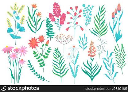 Cartoon flowers and leaves. Abstract botanical floral elements bouquet, hand drawn abstract floral elements for wallpaper design. Vector isolated set. Beautiful natural plants, spring blossom. Cartoon flowers and leaves. Abstract botanical floral elements bouquet, hand drawn abstract floral elements for wallpaper design. Vector isolated set