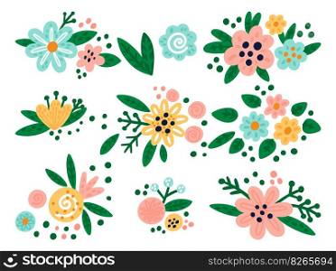 Cartoon flowers. Doodle blooming forest plants. Field or garden blossoms. Color petals. Floral bunches. Cute buds and leaves. Isolated holiday bouquets. Kids drawing. Vector botanical elements set. Cartoon flowers. Doodle blooming forest plants. Field or garden blossoms. Color petals. Floral bunches. Cute buds and leaves. Isolated holiday bouquets. Vector botanical elements set