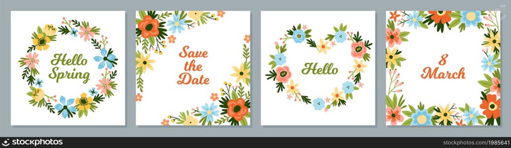 Cartoon flowers posters. Spring flora greeting cards, plant wreaths and bouquets, bloomed garden, world women and mothers day, square banners text copy space, vector cartoon flat style isolated set. Cartoon flowers posters. Spring flora greeting cards, plant wreaths and bouquets, bloomed garden, world women and mothers day, square banners text copy space, vector cartoon isolated set