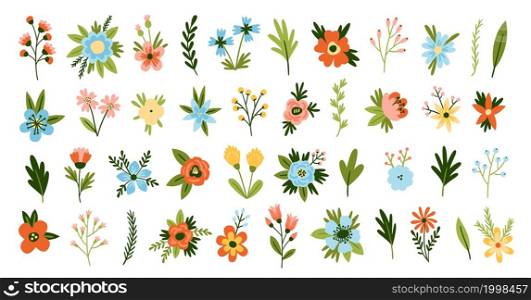 Cartoon flowers. Spring blooming plants, cute floral elements, different types inflorescences with leaves, decorative beautiful bouquets, botanical compositions for decoration, vector isolated set. Cartoon flowers. Spring blooming plants, cute floral elements, different types inflorescences with leaves, decorative beautiful bouquets, botanical compositions for decoration vector set