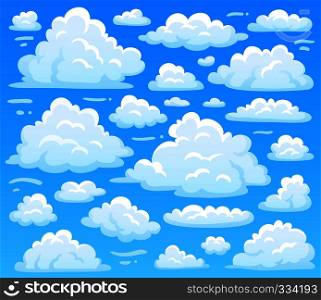 Cartoon fluffy cloud at azure skyscape. Heavenly clouds on blue sky, atmospheric cloudscape vintage 2d vector illustration. Cartoon fluffy cloud at azure skyscape. Heavenly clouds on blue sky, atmospheric cloudscape vector illustration