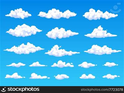 Cartoon fluffy white clouds in blue sky. Vector summer cloudscape, clouds in heaven. Soft and spindrift or cumulus weather and nature. Meteorology isolated white clouds. Cartoon fluffy white clouds in blue sky cloudspace