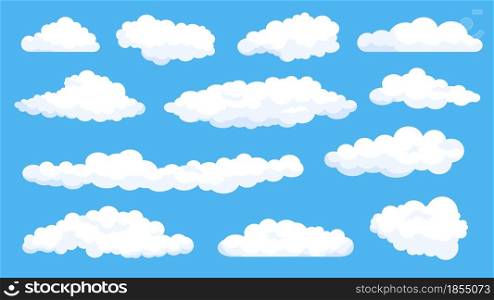 Cartoon fluffy white clouds on summer blue sky. Cloudy weather comics elements. Simple flat abstract cloud shape for game or logo vector set. Bright day with good climate, meteorology