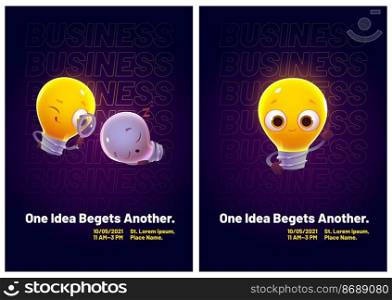 Cartoon flyers with funny light bulbs characters glowing, smiling, sleeping and searching solution with magnifying glass. Cute l&s express emotions creative invitation posters, Vector illustration. Cartoon flyers with funny light bulbs characters