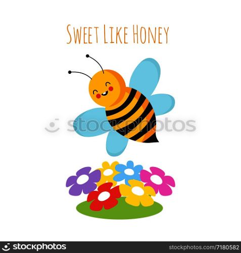 Cartoon flying bees. Cute bee and flower. Honeybee vector background. Insect cartoon, bumblebee and colored flowers illustration. Cartoon flying bees. Cute bee and flower. Honeybee vector background