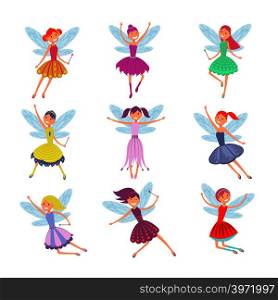 Cartoon flying fairies in colorful dresses vector set. Cute fairy elf with winds vector collection. Fantasy fairy girl with wings illustration. Cartoon flying fairies in colorful dresses vector set. Cute fairy elf with winds vector collection
