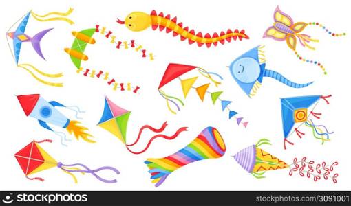 Cartoon flying kites in various shapes, colorful kids wind toys. Butterfly, diamond kite for festival, outdoor summer activity vector set. Childhood leisure entertainment, isolated paper kites. Cartoon flying kites in various shapes, colorful kids wind toys. Butterfly, diamond kite for festival, outdoor summer activity vector set