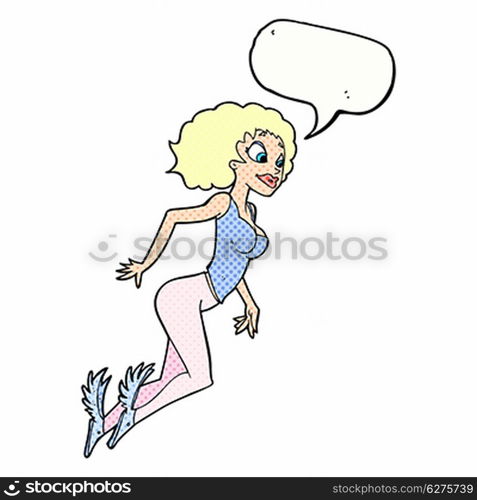 cartoon flying woman with speech bubble