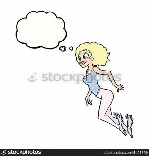 cartoon flying woman with thought bubble
