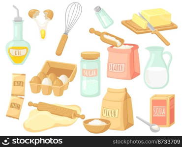 Cartoon food baking. Milk and salt, bake ingredients and tools. Fresh egg and powder, sugar for pastry. Isolated kitchen equipment, oil and butter vector. Illustration of bakery preparation ingredient. Cartoon food baking. Milk and salt, bake ingredients and tools. Fresh egg and powder, sugar for pastry. Isolated kitchen equipment, oil and butter neat vector set