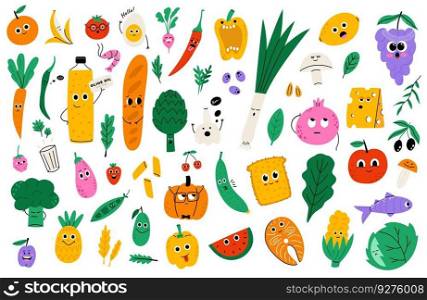 Cartoon food characters big collection. Vegetables, fruits, berries, products. Flat vector hand drawn illustration isolated on white background.