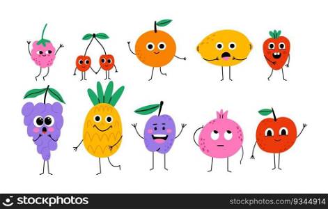 Cartoon food characters collection. Cute fruits and berries. Flat vector hand drawn illustration isolated on white background.