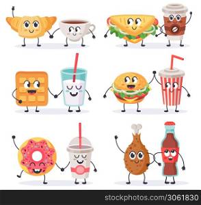Cartoon food characters. Junk food mascots, sandwich with coffee and donut, street food and beverages cute characters vector illustration set. Burger, fried chicken, waffle and shake with faces. Cartoon food characters. Junk food mascots, sandwich with coffee and donut, street food and beverages cute characters vector illustration set