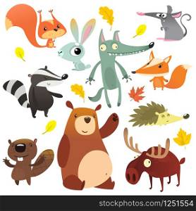Cartoon forest animal characters. Wild cartoon cute animals collections vector. Big set of cartoon forest animals flat vector illustration. Squirrel, mouse, badger, wolf, fox, beaver, bear, moose