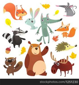 Cartoon forest animal characters. Wild cartoon cute animals set. Big set of cartoon forest animals flat vector illustration design. Squirrel, mouse, badger, wolf, fox, beaver, bear, moose