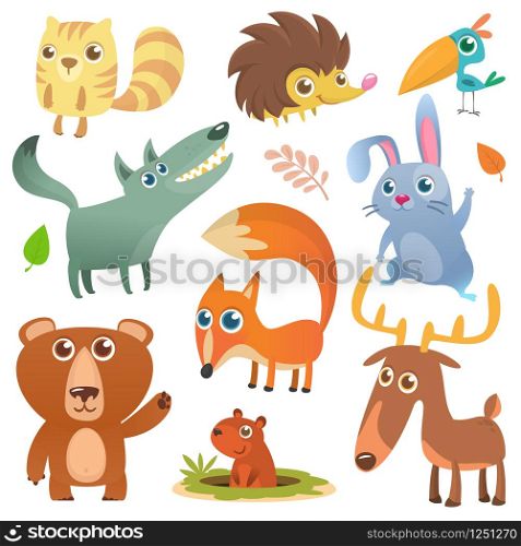 Cartoon forest animal characters. Wild cartoon cute animals set. Big set of cartoon forest animals flat vector illustration design. Squirrel, hedgehog, hamster, wolf, fox, toucan bird, bear, deer