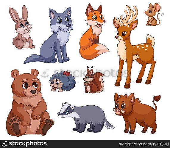 Cartoon forest animal. Nature animals, woodland cute squirrel, wolf, bear. Red fox and mouse for children stickers. Zoo wild garish vector characters. Illustration forest wildlife, wild animal. Cartoon forest animal. Nature animals, woodland cute squirrel, wolf, bear. Red fox and mouse for children print or stickers. Zoo wild garish vector characters