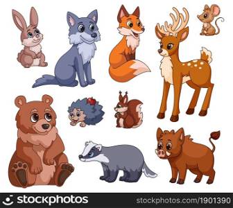Cartoon forest animal. Nature animals, woodland cute squirrel, wolf, bear. Red fox and mouse for children stickers. Zoo wild garish vector characters. Illustration forest wildlife, wild animal. Cartoon forest animal. Nature animals, woodland cute squirrel, wolf, bear. Red fox and mouse for children print or stickers. Zoo wild garish vector characters
