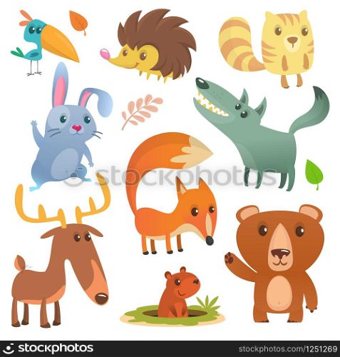 Cartoon forest animal. Wild cartoon cute animals flat vector illustration design. Squirrel, hedgehog, hamster, wolf, fox, toucan bird, bear, deer