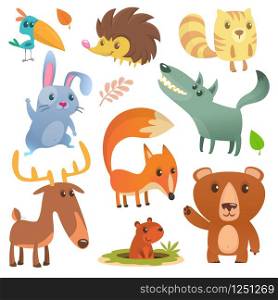 Cartoon forest animal. Wild cartoon cute animals flat vector illustration design. Squirrel, hedgehog, hamster, wolf, fox, toucan bird, bear, deer