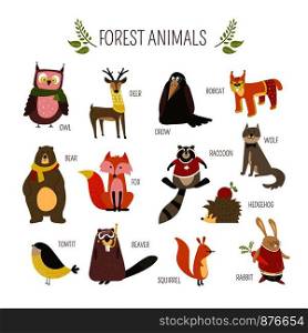 Cartoon forest animals and birds for kids design. Vector funny zoo of owl, deer or crow and bobcat fox with bear, raccoon or hedgehog and rabbit in clothes. Forest animals vector cartoon icons