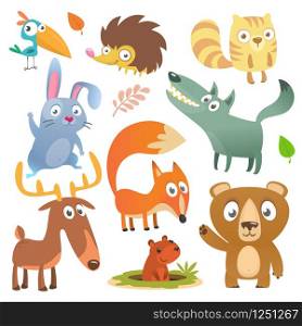 Cartoon forest animals big set. Flat vector illustrations design. Squirrel, hedgehog, hamster, wolf, fox, toucan bird, bear, deer