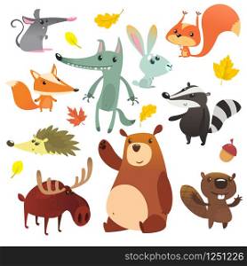 Cartoon forest animals. Funny cartoon animals set. Flat vector illustration design. Squirrel, mouse, badger, wolf, fox, beaver, bear, moose