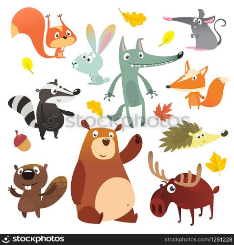 Cartoon forest animals. Funny cartoon animals set. Flat vector illustration design. Squirrel, mouse, badger, wolf, fox, beaver, bear, moose
