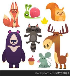 Cartoon forest animals set. Flat vector illustrations design. Squirrel, snail, raccoon, mouse, fox,deer or moose, bear