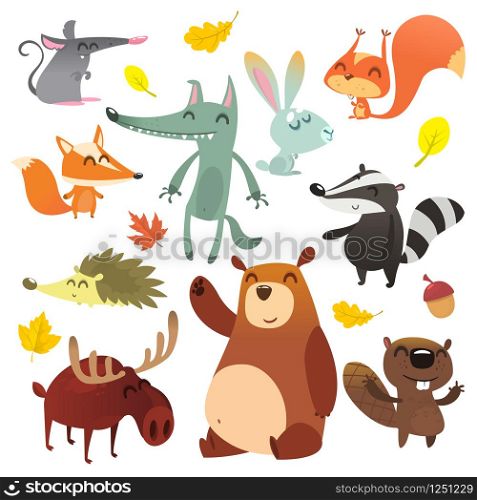 Cartoon forest animals. Wild cartoon cute animals set. Flat vector illustration design. Squirrel, mouse, badger, wolf, fox, beaver, bear, moose