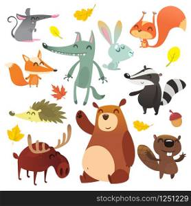 Cartoon forest animals. Wild cartoon cute animals set. Flat vector illustration design. Squirrel, mouse, badger, wolf, fox, beaver, bear, moose