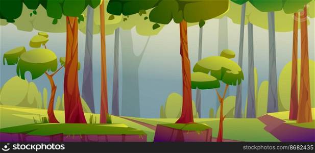 Cartoon forest background, nature landscape with deciduous trees, green grass, trunks silhouettes and ground path. Scenery view, summer or spring wood pc game parallax effect, vector illustration. Cartoon forest background nature scenery landscape