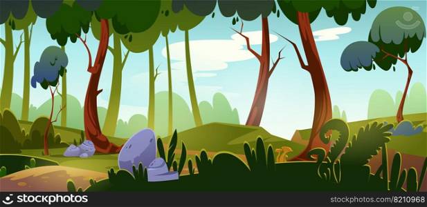 Cartoon forest background, nature landscape with deciduous trees, rocks, green grass and bushes on ground. Beautiful scenery view, summer or spring wood or park area with plants, vector illustration. Cartoon forest background, nature park landscape