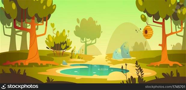 Cartoon forest background with pond or sw&and trail, nature landscape with trees, green grass and bushes. Beautiful scenery view, summer or spring wood or park area with plants, vector illustration. Cartoon forest background with pond, sw&, trail