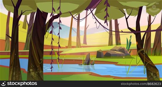 Cartoon forest background with stream flow under green trees with lianas along rocky shore. Wild nature landscape, beautiful scenery view, summer or spring wood area with plants, Vector illustration. Cartoon forest background with stream flow, wood