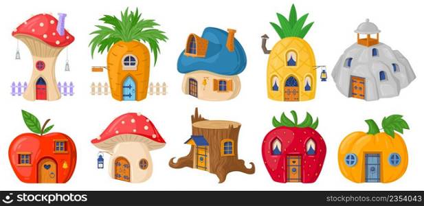 Cartoon forest fairytale mushroom gnomes or houses. Magic fairy tale characters, fantasy plants and vegetables buildings vector illustration set. Cute fairytale house. Cartoon green mushroom building. Cartoon forest fairytale mushroom gnomes or hobbit houses. Magic fairy tale characters, fantasy plants and vegetables buildings vector illustration set. Cute fairytale house