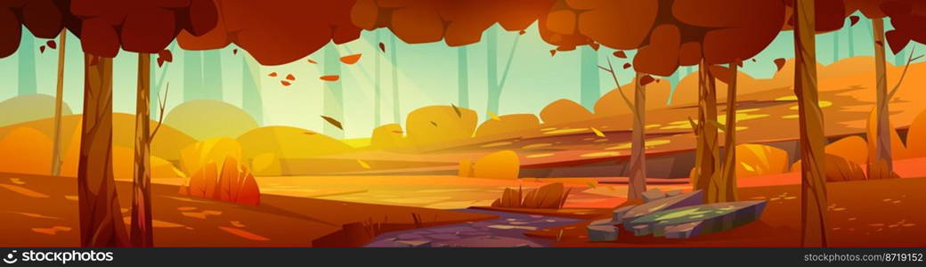 Cartoon forest fall landscape, autumn day background with dirt road going along orange trees, bushes and glade with stones or rocks under blue sky with sun beams, scenery wood, Vector illustration. Cartoon forest landscape, autumn day background