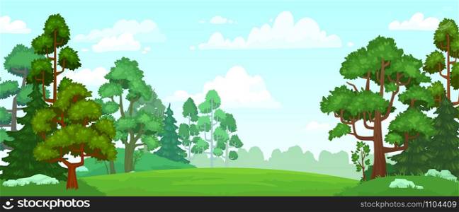 Cartoon forest glade. Green grassland, natural thriving forest field landscape and summer sky with clouds. Woodland scene, forests glade or fantasy wallpaper vector background illustration. Cartoon forest glade. Green grassland, natural thriving forest field landscape and summer sky with clouds vector background illustration