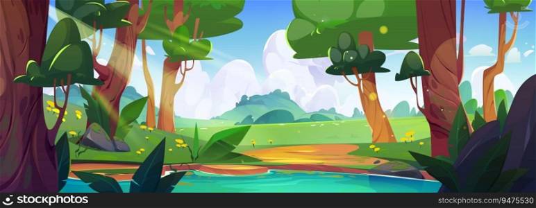 Cartoon forest landscape with lake between trees. Vector illustration of beautiful natural background, summer valley with green grass and colorful flowers, footpath and stones near water, sunny sky. Cartoon forest landscape with lake between trees