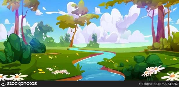 Cartoon forest landscape with river flowing between green banks with trees, bushes, grass and flowers over sky with clouds. Vector illustration of summer or spring natural scene with water stream.. Cartoon forest landscape with river